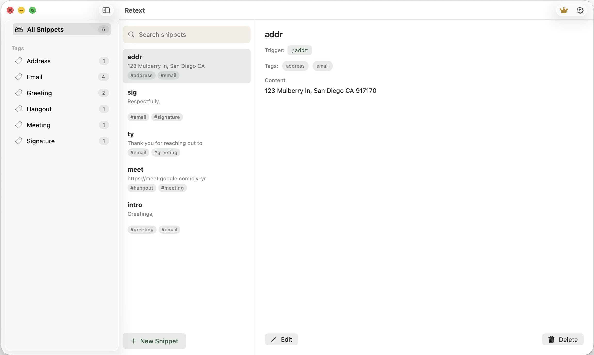 Retext app showing three-panel layout with tags, snippet list, and editor